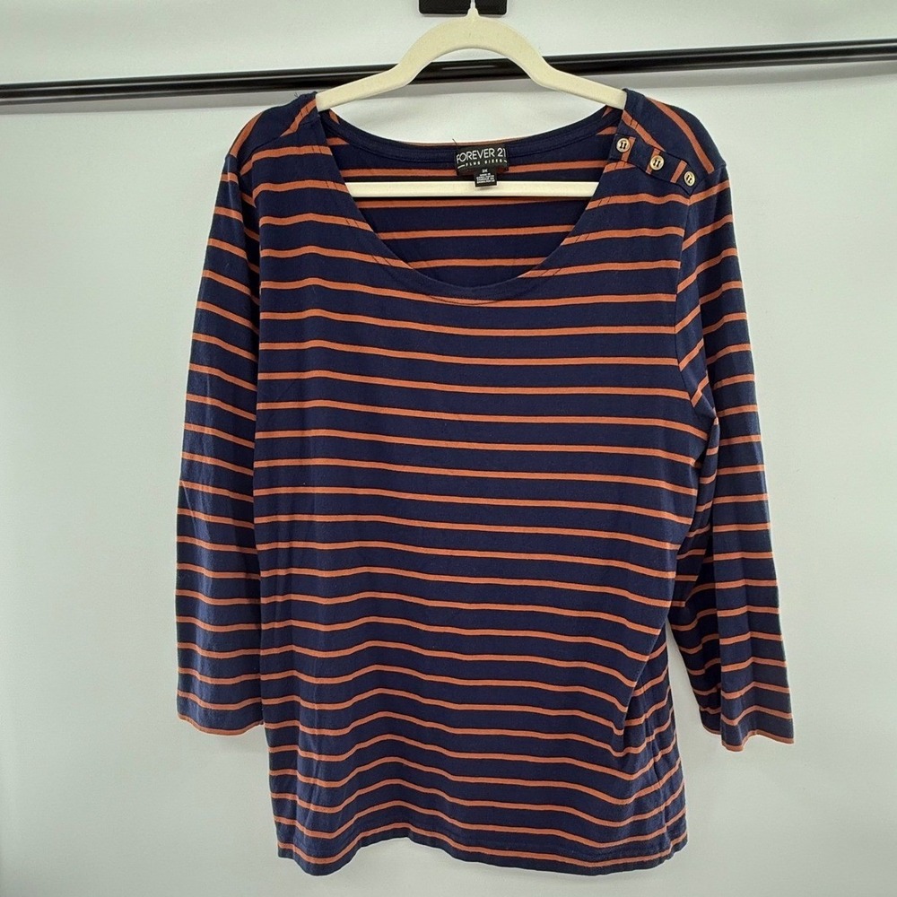 Forever 21 Plus Navy Orange Striped Button‎ Shoulder Top Womens 3X